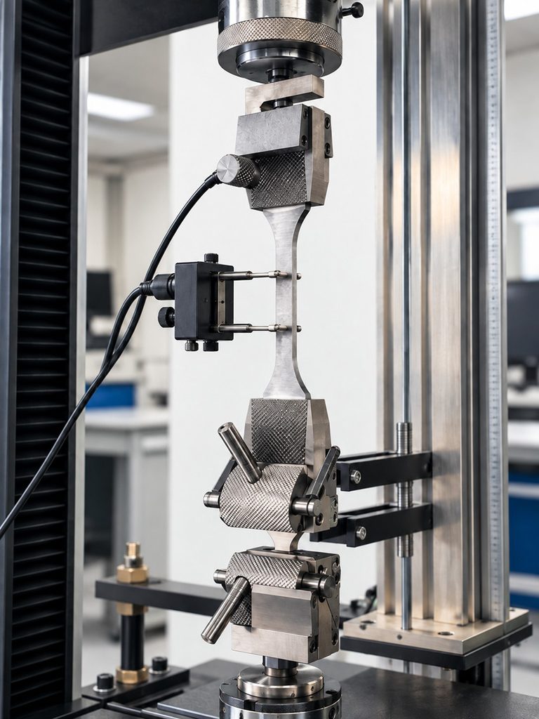 Stress strain tensile test with extensometer mounted on a metal specimen in a universal testing machine