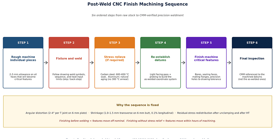 Post-weld CNC machining sequence from rough machining and allowance, through welding, stress relief, datum re-establishment, and finish machining, to final inspection