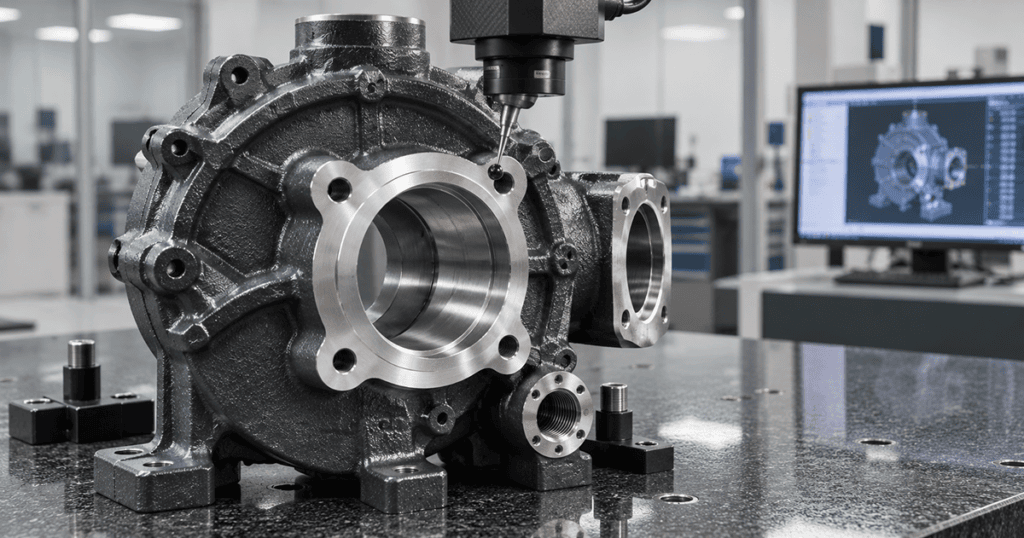 metal casting pump housing with CNC machined bearing bore and CMM inspection