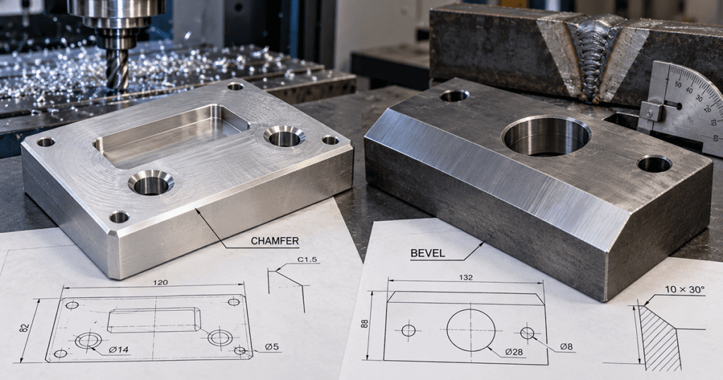 Bevel vs chamfer comparison with drawing callouts, CNC machining, weld prep, and inspection.