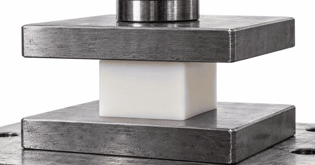 CNC machined plastic spacer between compression platens with a separate stress strain test setup