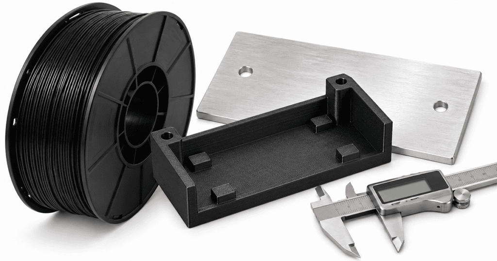 ABS 3D printing filament beside a functional ABS electronics mounting bracket and dimensional inspection tools on a white industrial workbench.