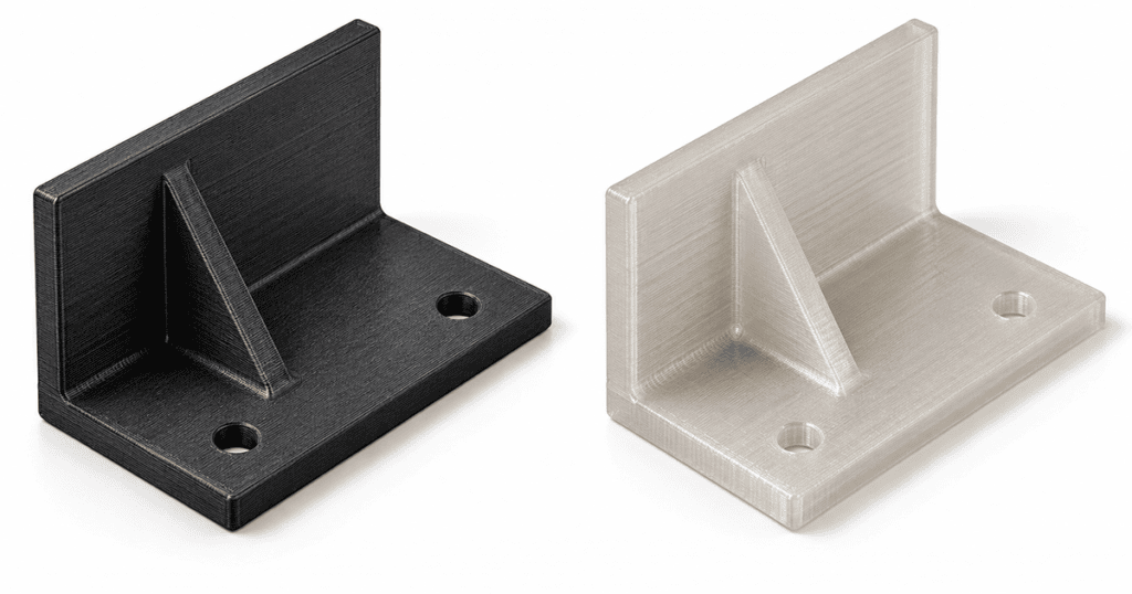 Side-by-side ABS and PETG FDM mounting brackets showing two fastener holes and a ribbed L-shaped profile