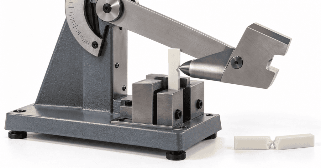 Izod impact strength testing setup with pendulum apparatus and notched plastic specimens.