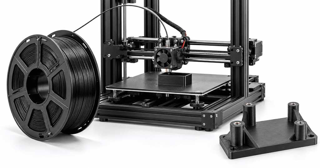 PETG filament spool beside an FDM printer and an electronics mounting bracket