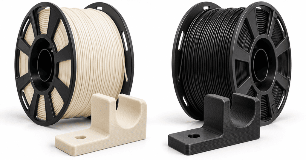 PLA vs PLA+ filament spools beside FDM printed cable brackets on a white work surface