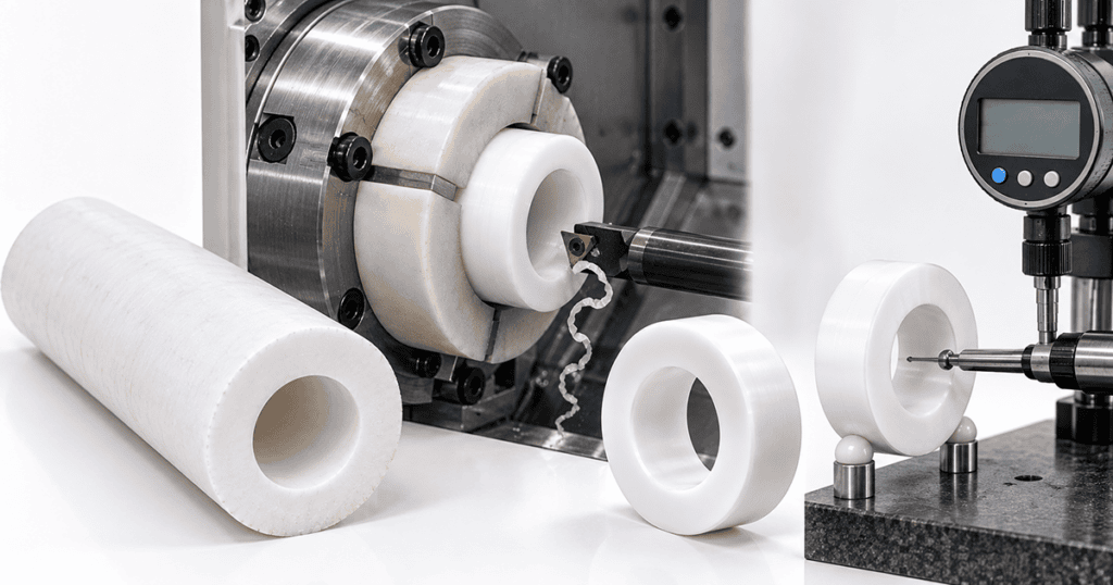 PTFE machining showing tube stock, finish boring, machined valve seat and dimensional inspection