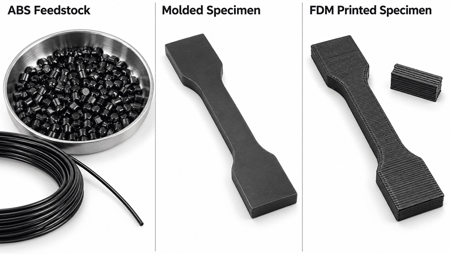 ABS material classification compared with molded specimens and FDM printed part interfaces