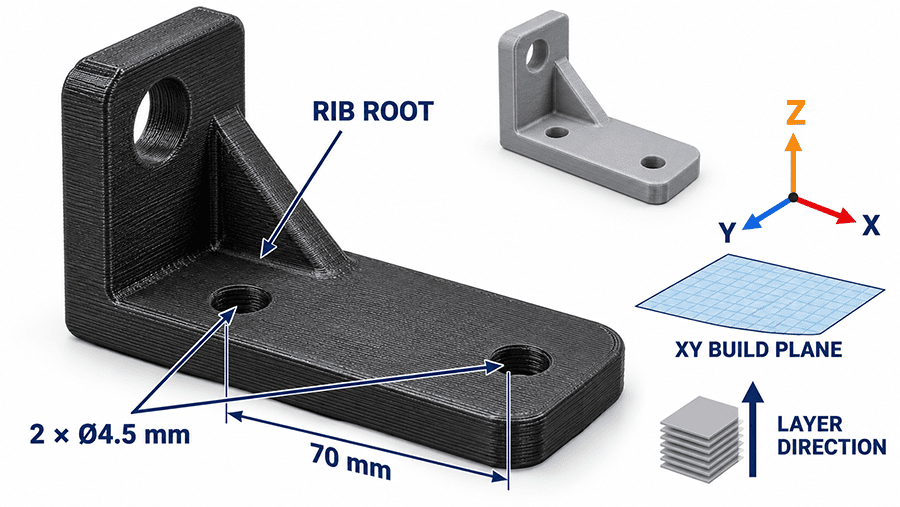 Matching ABS and PETG L-shaped bracket geometry with XY build orientation, rib root and M4 mounting-hole locations