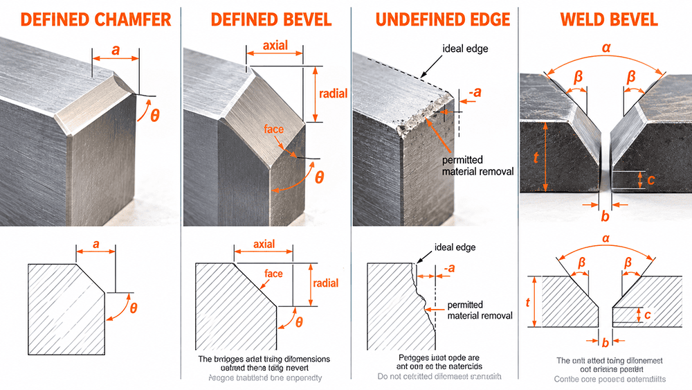 Bevel vs chamfer comparison showing a defined chamfer, bevel, undefined edge, and weld bevel.