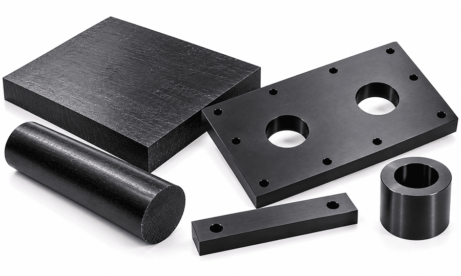 HDPE sheet and rod stock beside CNC machined HDPE parts