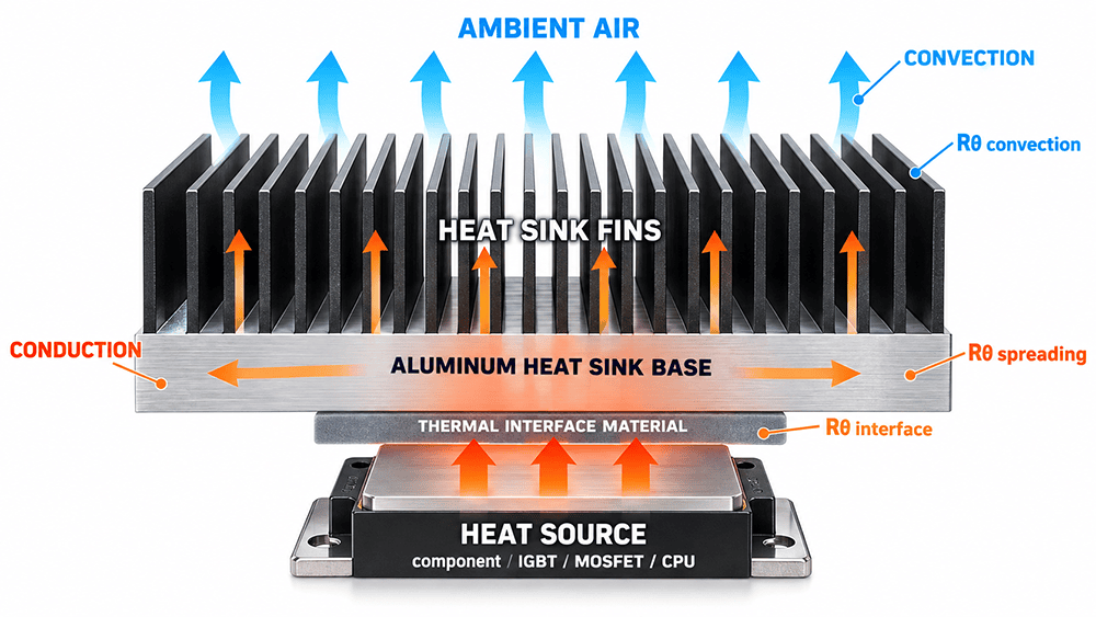Heat sink thermal path showing the heat source, thermal interface material, base, fins, and heat transfer to air.