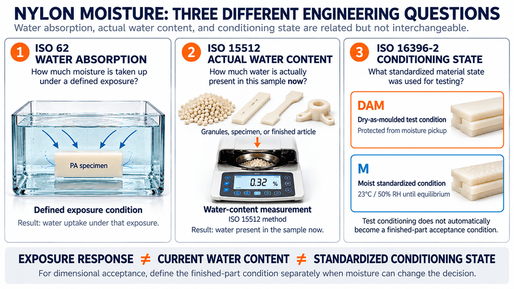 Nylon moisture diagram comparing water absorption, water content, and conditioning state in polyamide parts