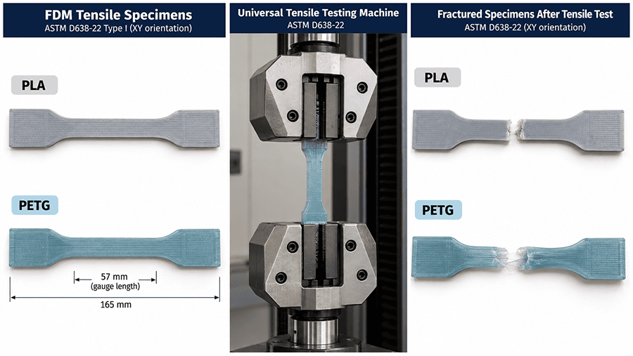 PETG vs PLA tensile specimens printed in the XY orientation, showing specimen geometry and recorded fracture conditions for tensile testing
