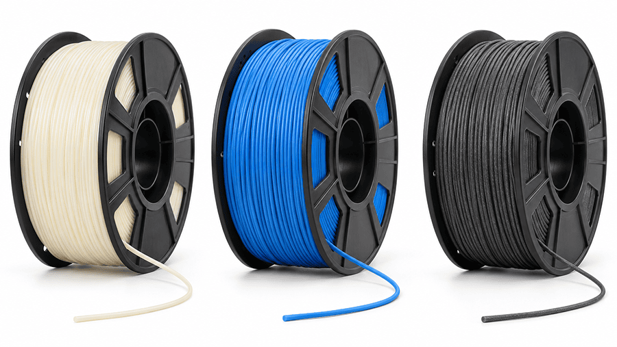 PLA filament comparison showing standard PLA, modified PLA Plus, and filled PLA filament spools