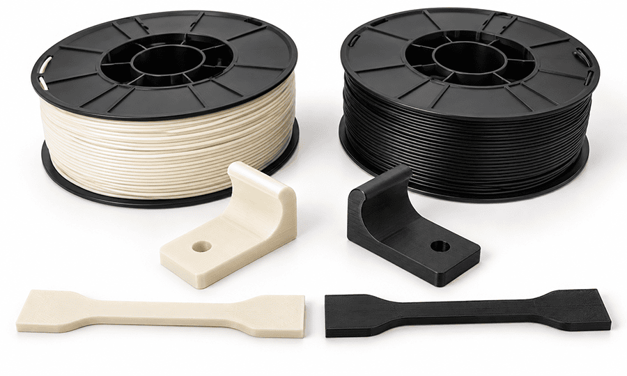 PLA vs PLA+ printed cable bracket and tensile specimens aligned on a workbench