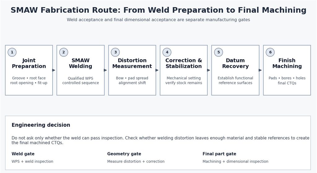 Shielded metal arc welding fabrication process from weld preparation to finish machining