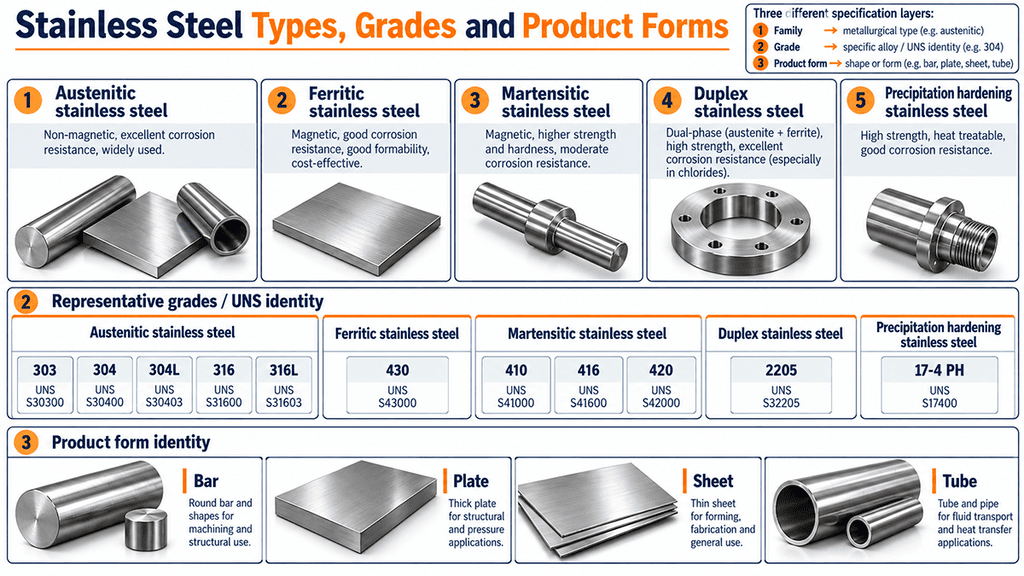 Stainless steel types and grades for CNC machining, material specification and product form selection.