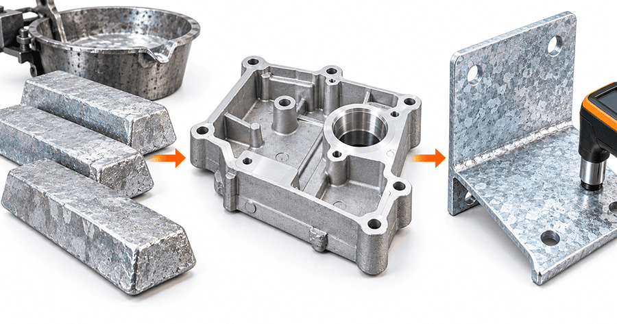 Zinc material routes from zinc alloy feedstock to zinc die casting and hot dip galvanized steel