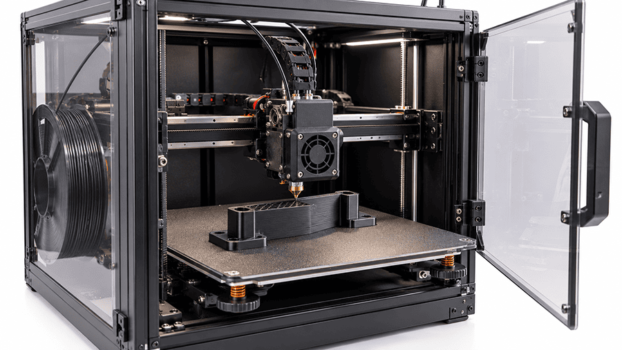 ABS filament being deposited in an enclosed FDM printer with temperature control