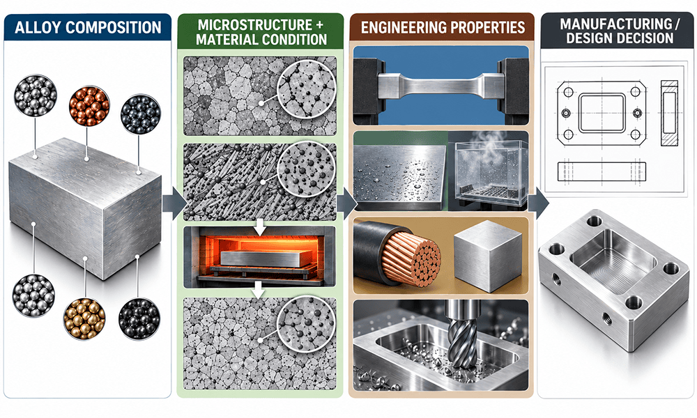 Alloy composition and condition linked to strength corrosion machinability and manufacturing decisions