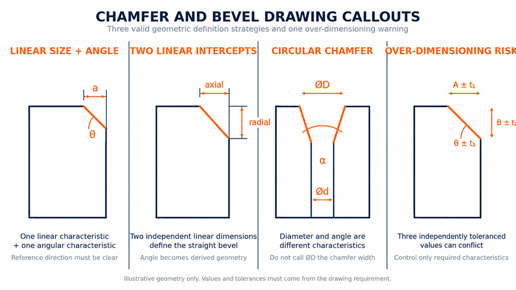 Chamfer callout and bevel dimensioning examples using linear size, angle, and circular chamfer geometry