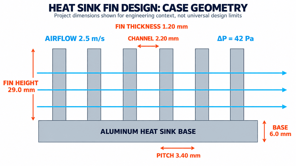Heat sink fin design showing fin height, fin thickness, fin spacing, base thickness, airflow direction, and pressure drop.
