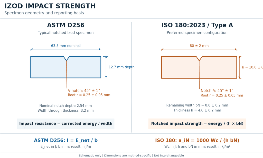 Izod impact strength specimen dimensions and notch geometry under ASTM D256 and ISO 180