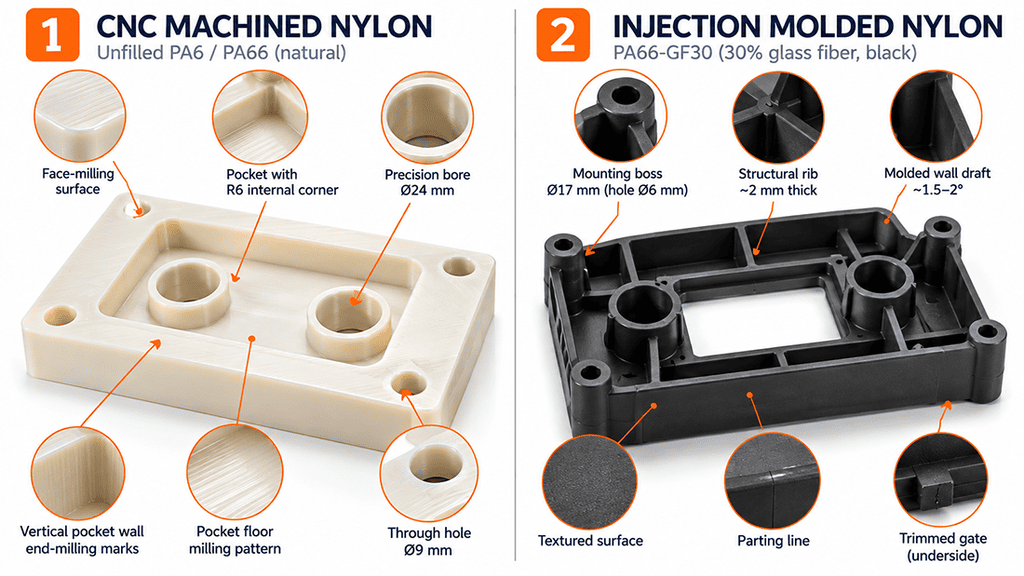 Machined and injection molded nylon parts showing different sources of dimensional tolerance risk