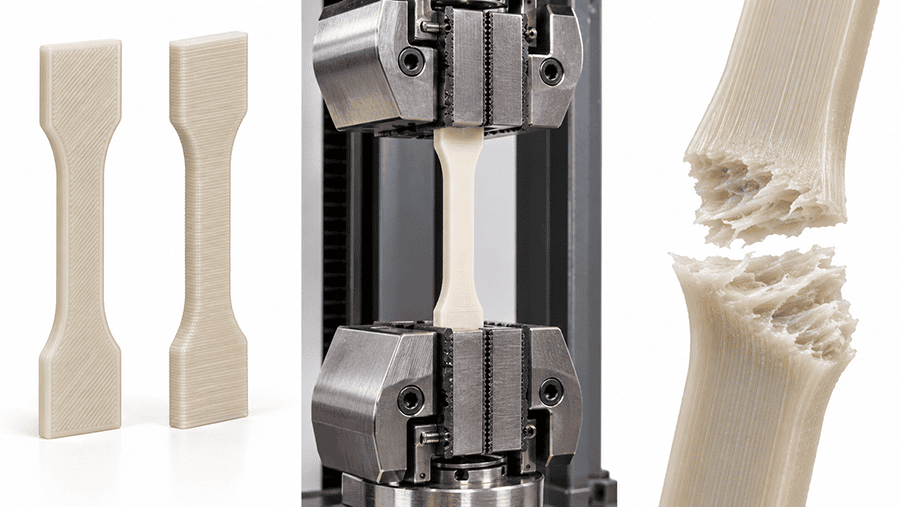 PLA filament tensile test specimens printed in different build orientations showing tensile fracture surfaces and layer interfaces