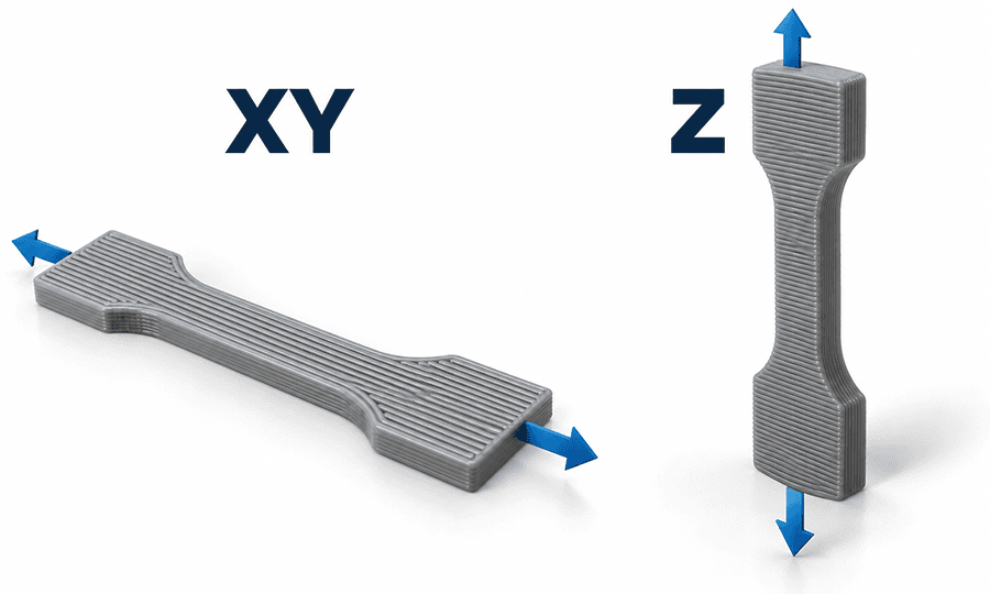 PLA vs PLA+ FDM build orientation showing deposited roads and Z layer interfaces