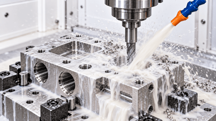 CNC machining stainless steel with visible chip evacuation and tool engagement on a 316L manifold.