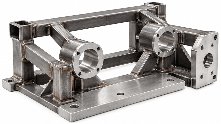 TIG welding weldment with machining datum, bearing bores, mounting face, and features affected by welding distortion.