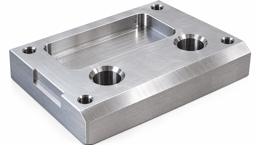 CNC bevel machining on a metal part with a visible external bevel and hole chamfer.