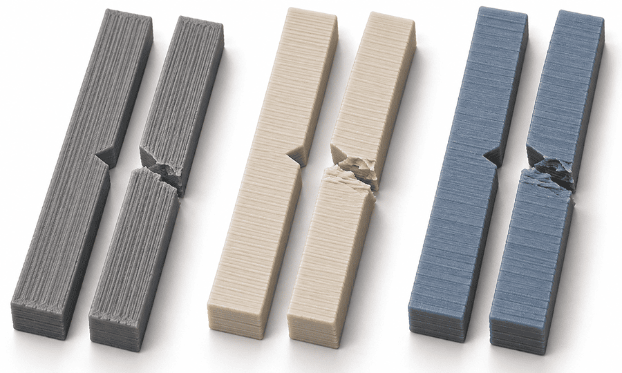 FDM printed Izod test specimens showing layer orientation, notch and fracture path