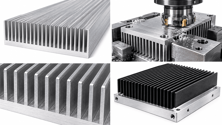 Custom heat sink manufacturing showing an extruded aluminum heat sink profile, CNC machined base, and fin detail.