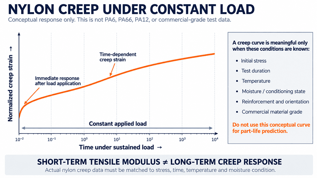 Conceptual nylon creep response under constant tensile load over time