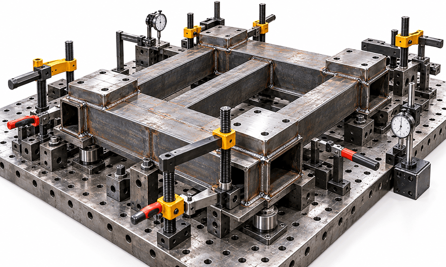 SMAW weldment fixturing and weld distortion control before finish machining