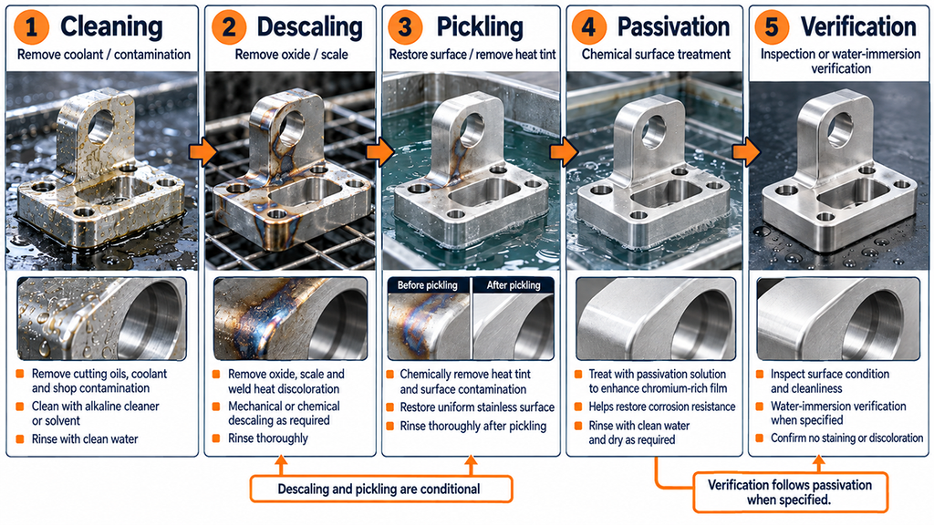 Stainless steel pickling and passivation workflow showing cleaning, descaling, pickling, passivation and verification.