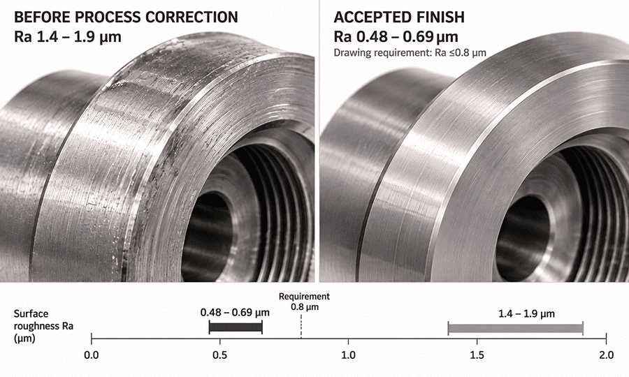 Tantalum machining surface showing drag marks before correction and an accepted Ra 0.48 to 0.69 µm sealing finish