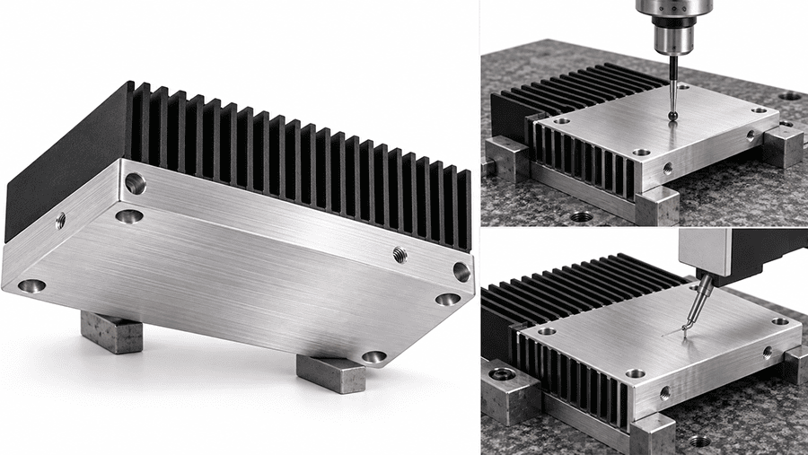 Anodized aluminum heat sink with a machined contact base, masked threaded holes, and flatness and roughness inspection.
