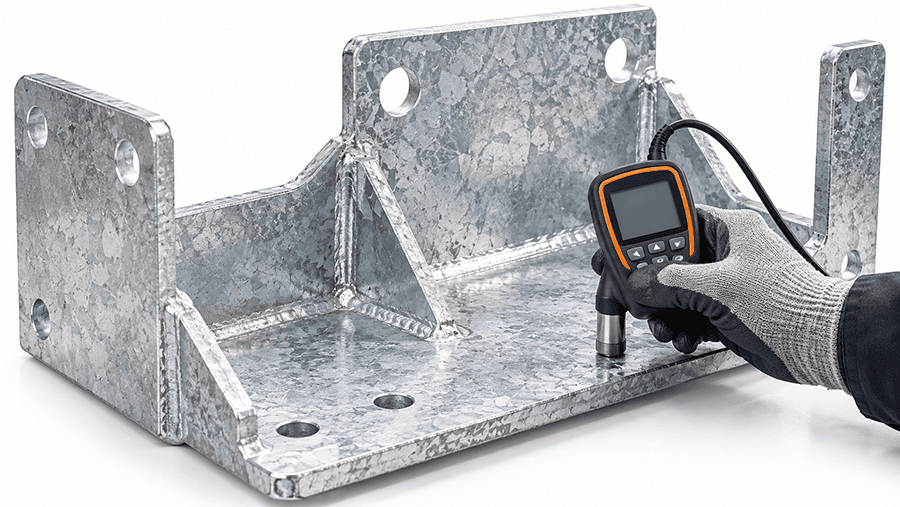 Hot dip galvanized steel with zinc coating thickness inspection on a fabricated component