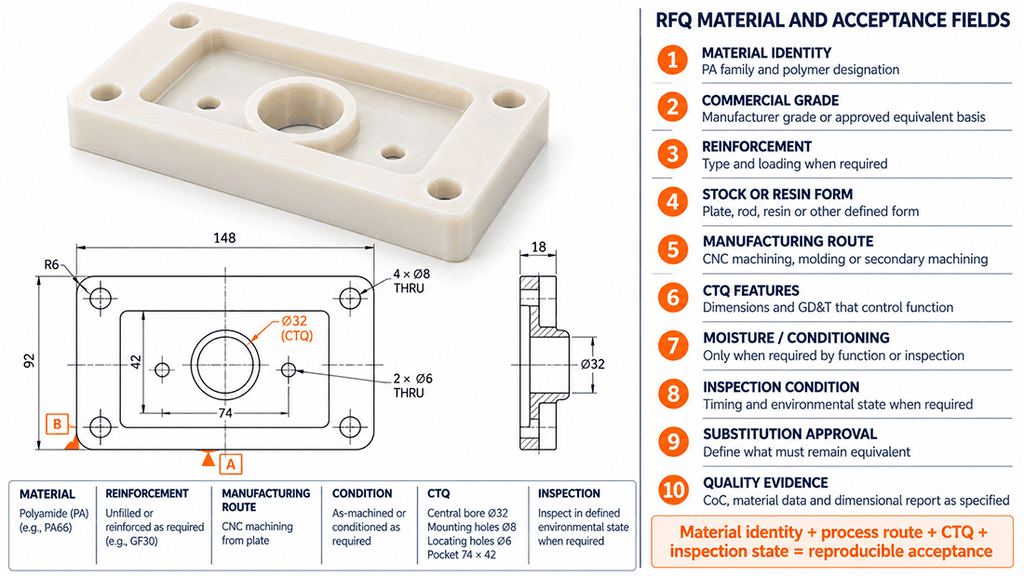 Nylon part RFQ showing PA grade, reinforcement, conditioning, inspection state, and critical tolerances