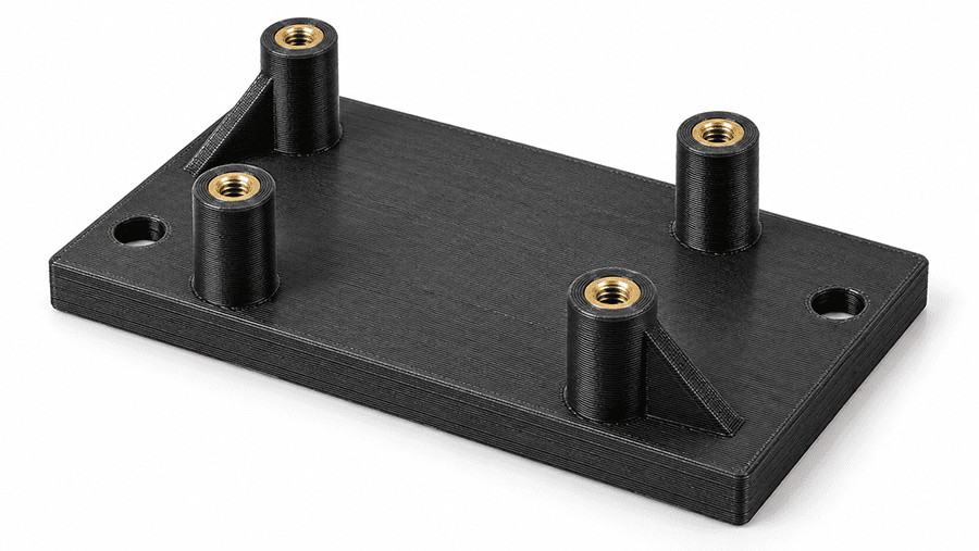 PETG FDM electronics mounting bracket with mounting holes, PCB supports, gussets and brass inserts