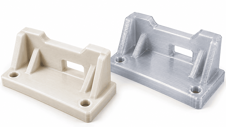 PETG vs PLA electronics mounting brackets with two M5 clearance holes, locating ribs, and critical mounting dimensions used for material selection