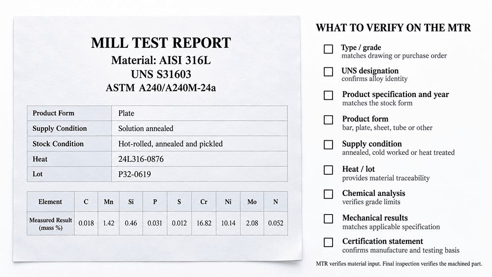 Stainless steel bar and plate material specification fields with MTR chemistry and traceability checks.