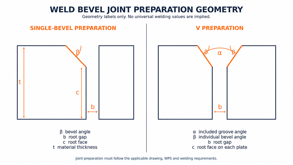 Welding bevel geometry showing bevel angle, groove angle, root face, root gap, and material thickness