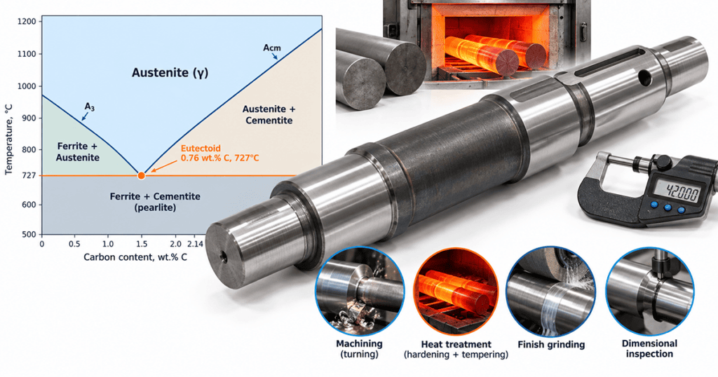 Iron-carbon phase diagram beside SAE 1045 shaft machining, heat-treatment and final inspection stages