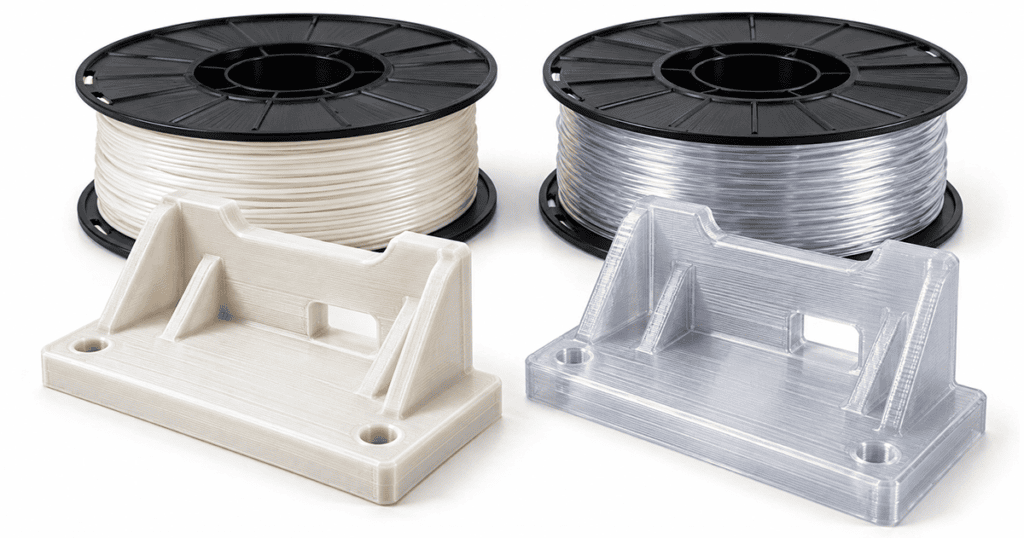 PETG vs PLA FDM electronics mounting brackets with filament spools and a technical drawing of critical mounting holes
