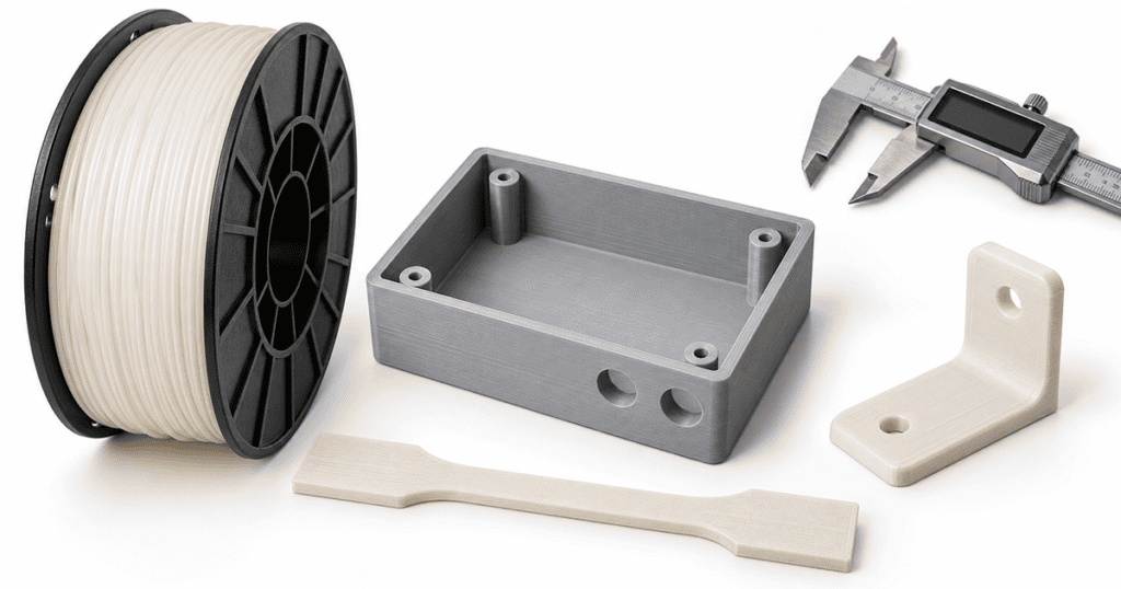 PLA filament spool and FDM printed enclosure and bracket beside a tensile coupon and engineering dimension checks.